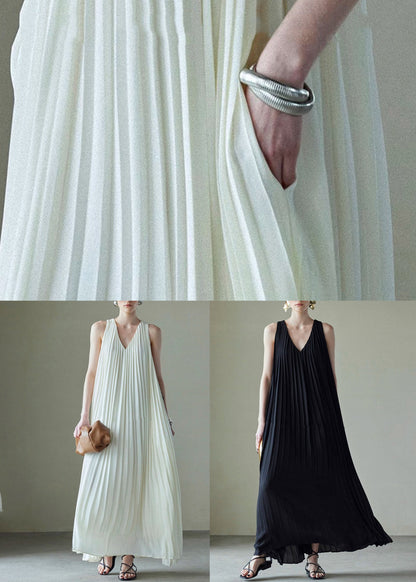 Italian White V Neck Wrinkled Chiffon Maxi Dresses Sleeveless