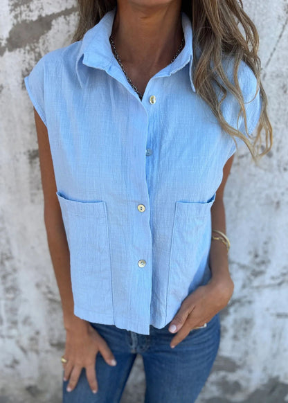 Loose Apricot Peter Pan Collar Pockets Button Cotton Shirts Summer