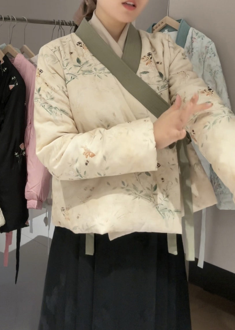 Beige V Neck Lace Up Fine Cotton Filled Coats Spring