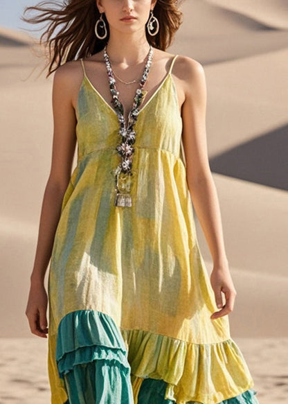 Yellow Tie Dye Patchwork Cotton Sundress Summer