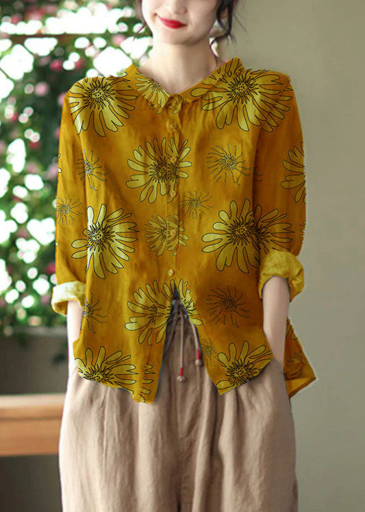 Retro Peacock Yellow Peter Pan Collar Print Button Wrinkled Shirts Long Sleeve