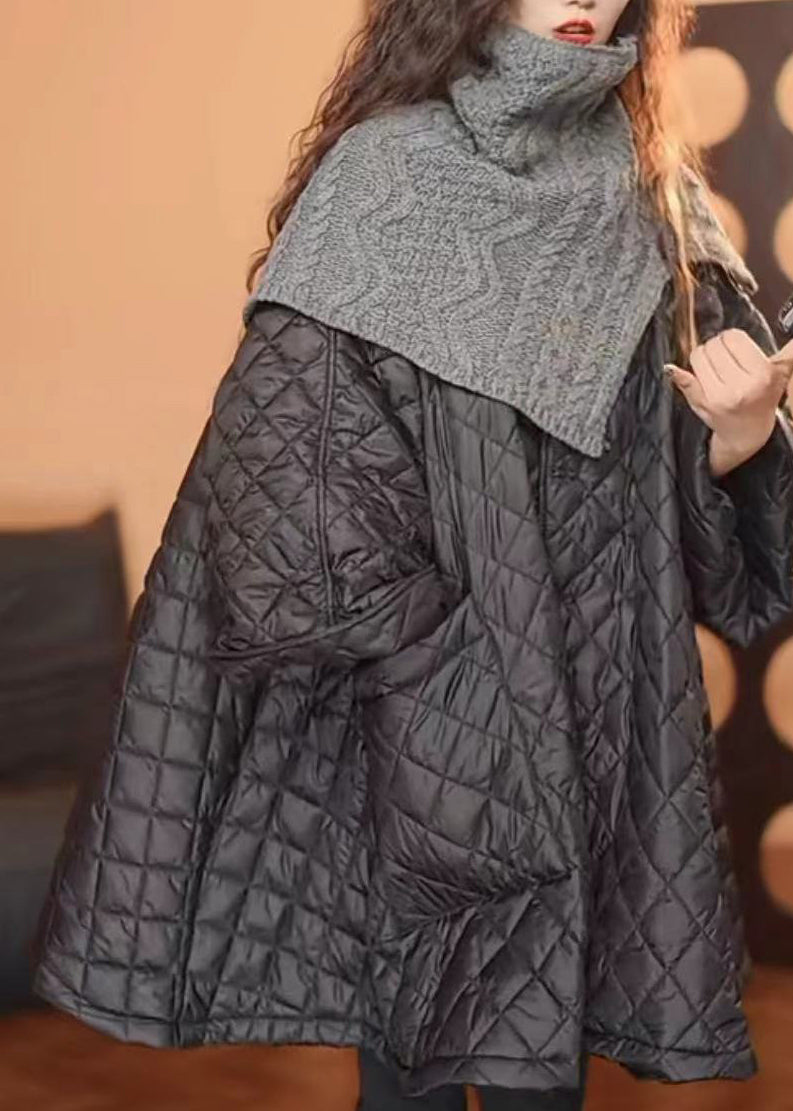 Loose Black O-neck Plaid Patchwork Button Pockets Parka Winter
