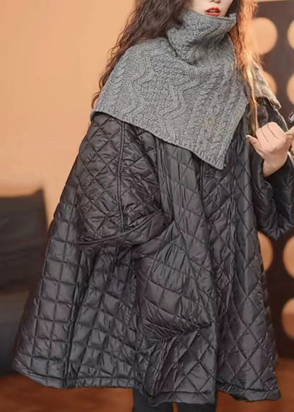 Loose Black O-neck Plaid Patchwork Button Pockets Parka Winter