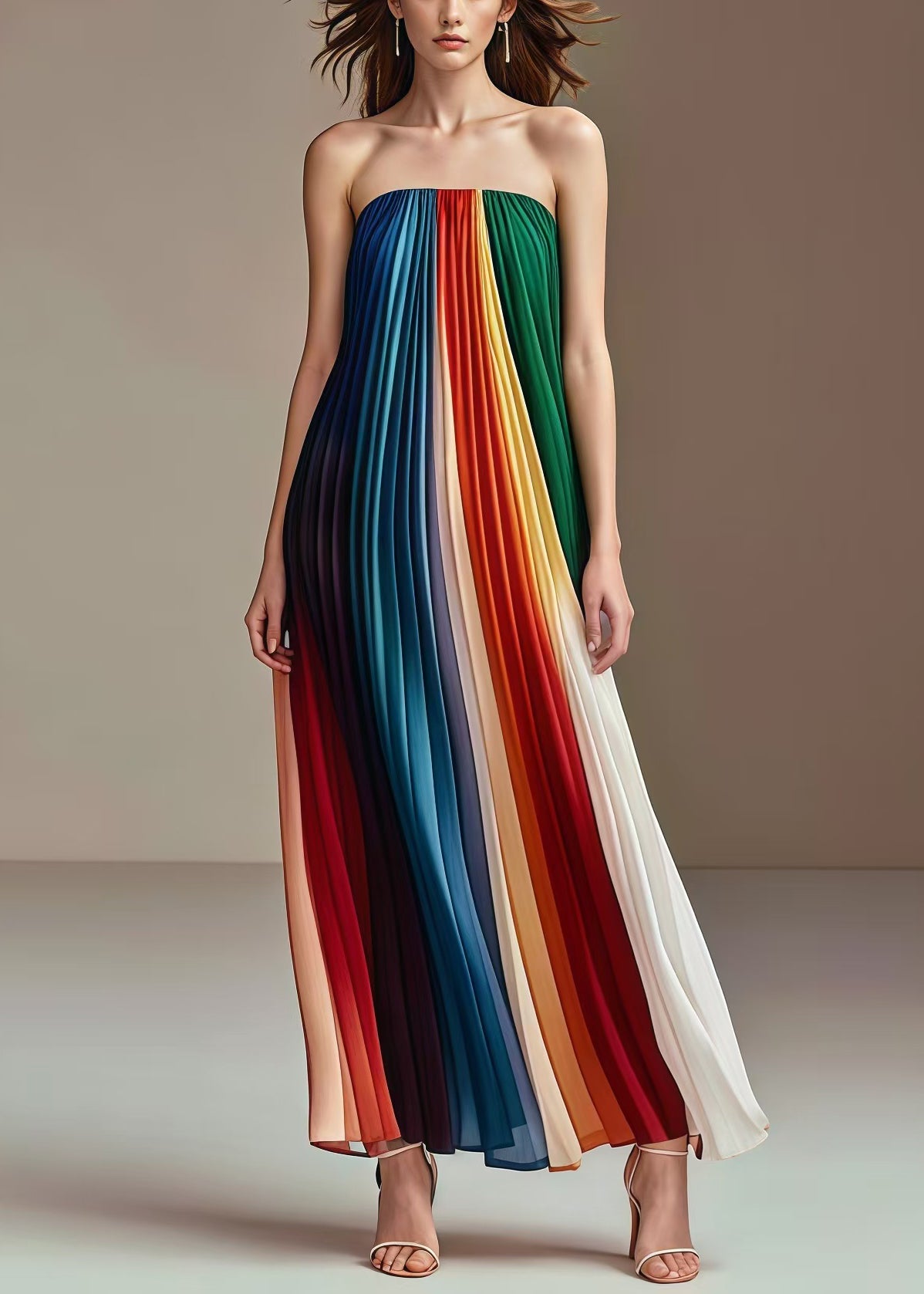 Rainbow Wrinkled Chiffon Strapless Dress Summer