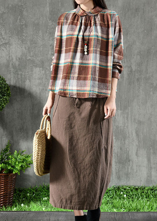 Coffee Plaid Peter Pan Collar Patchwork Linen Blouse Tops Spring
