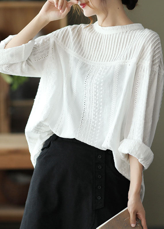 White Hollow Out Patchwork Wrinkled Cotton Tops Fall