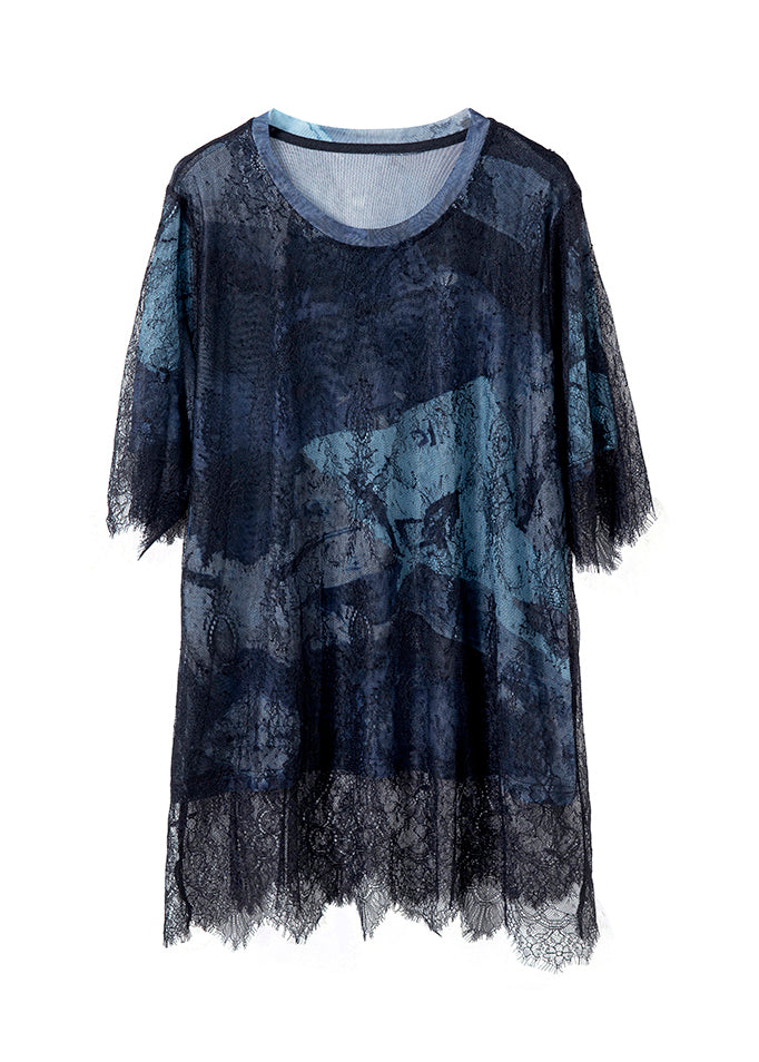 Blue Black Lace Hollow Out Patchwork T-shirt Summer
