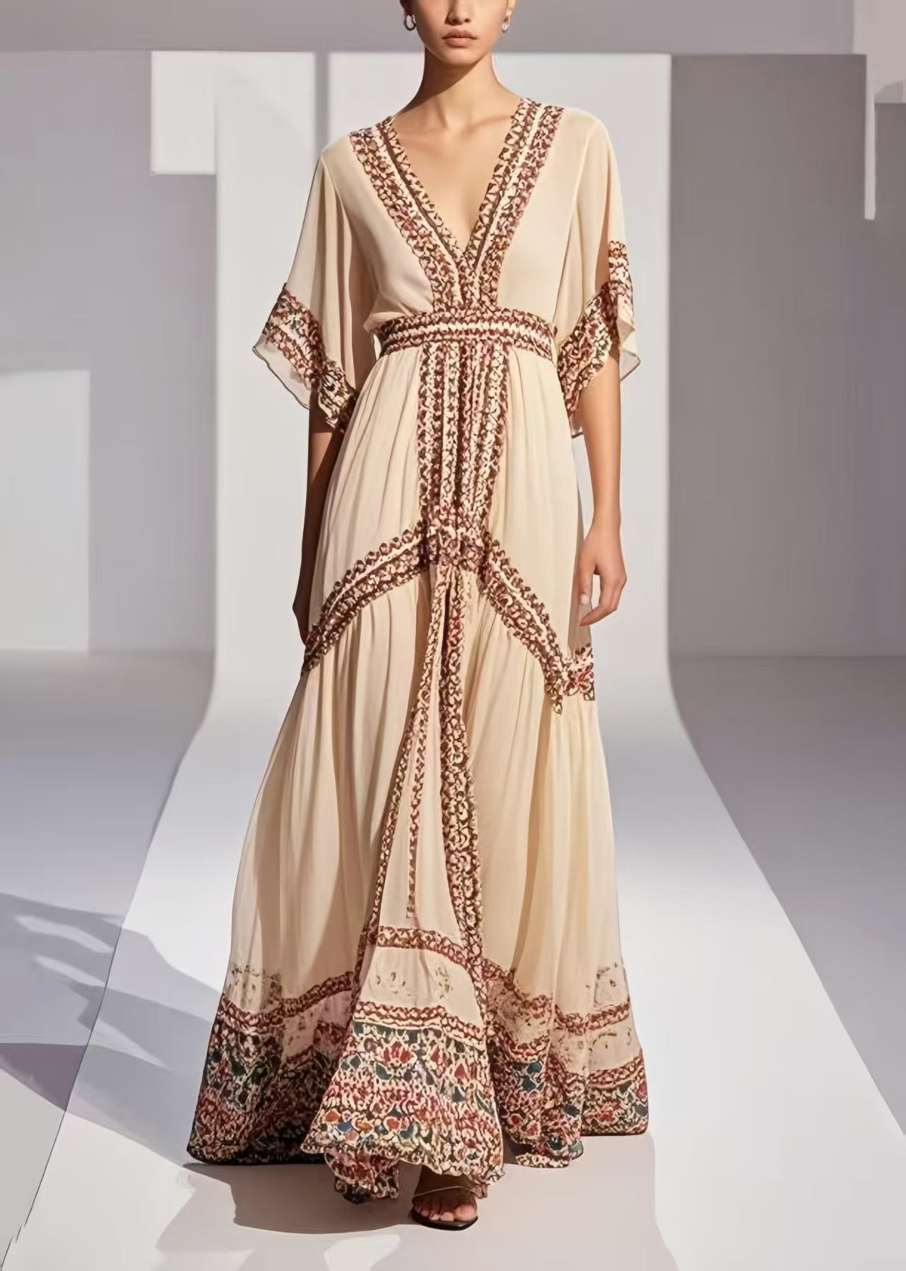 Style Apricot Print Exra Large Hem Chiffon Vacation Dress Summer