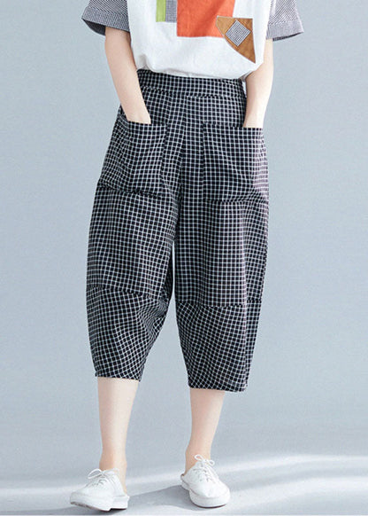 Black Plaid Elastic Waist Pockets Cotton Crop Pants Trousers Summer