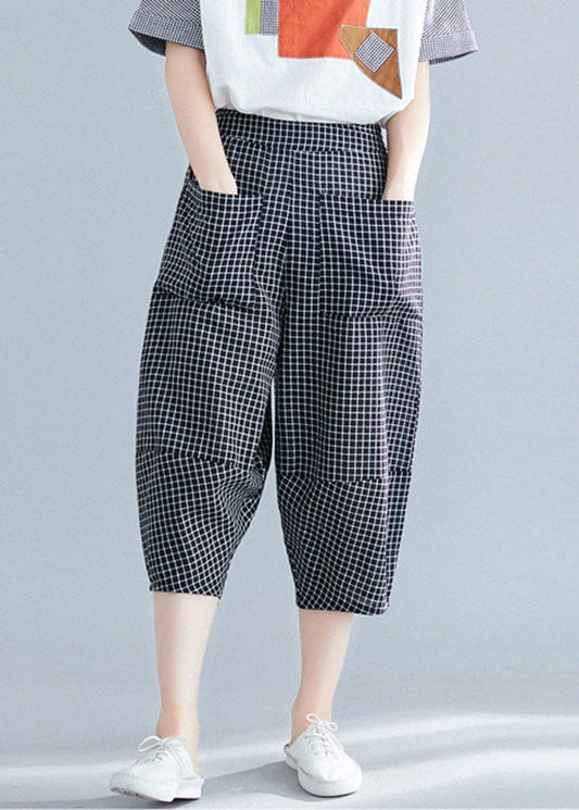 Black Plaid Elastic Waist Pockets Cotton Crop Pants Trousers Summer