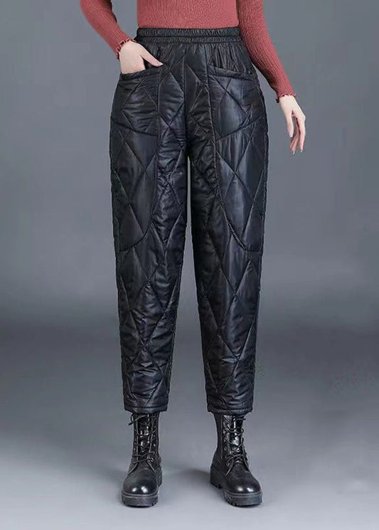 Black Pockets Oversized Fine Cotton Filled Crop Pants Elastic Waist