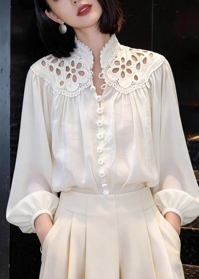 White Embroidered Hollow Out Lantern Shirt Spring