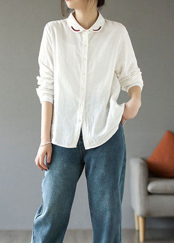Natural White Peter Pan Collar Embroidered Cotton Shirt Tops Long Sleeve