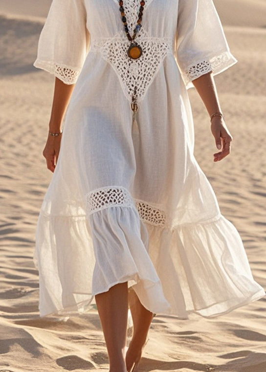 White V Neck Patchwork Lace Robe Dresses Summer