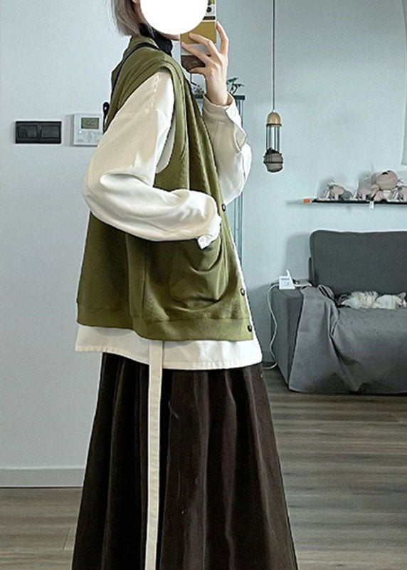 Army Green Stand Collar Button Cardigans and Shirts Two Piece Set Long Sleeve