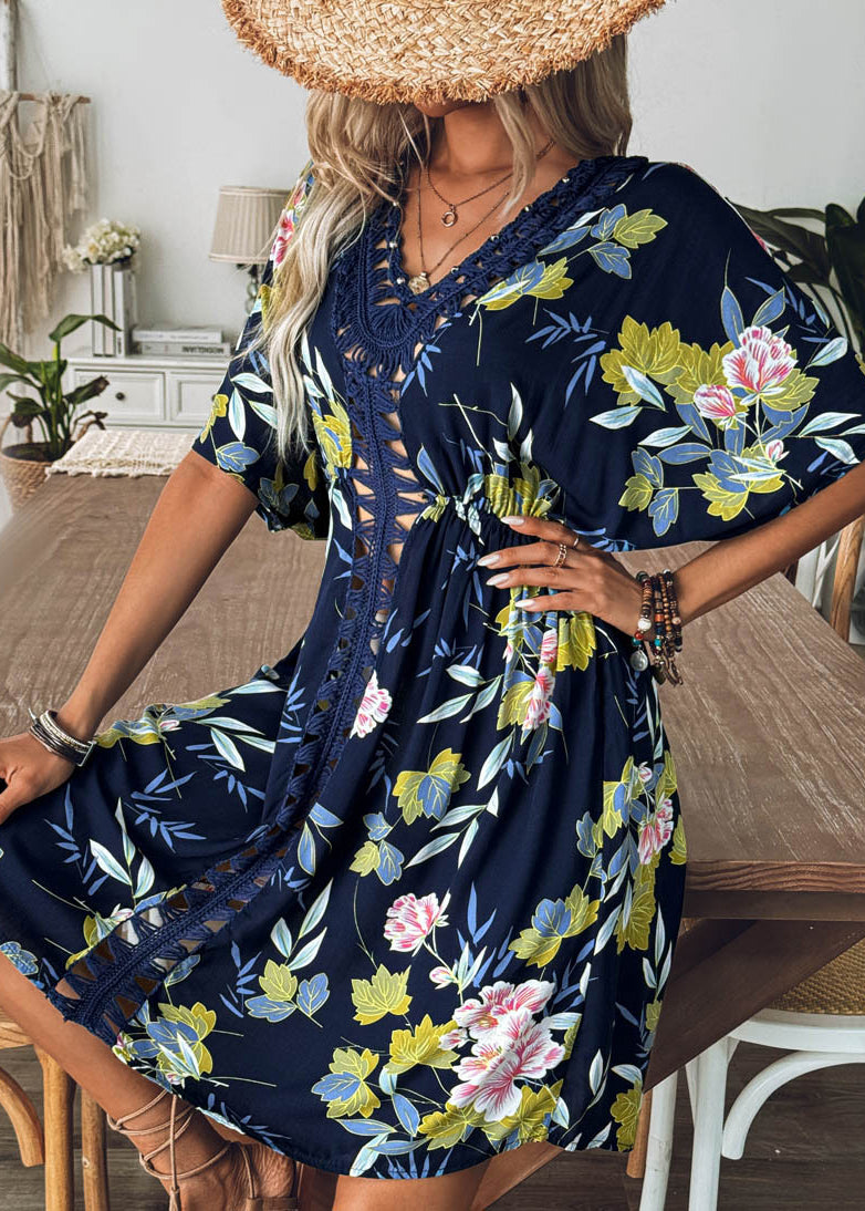 Loose Navy V Neck Hollow Out Print Cotton Dress Batwing Sleeve