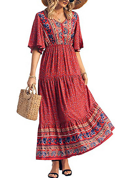 Black V Neck Print Wrinkled Cotton Dresses Summer