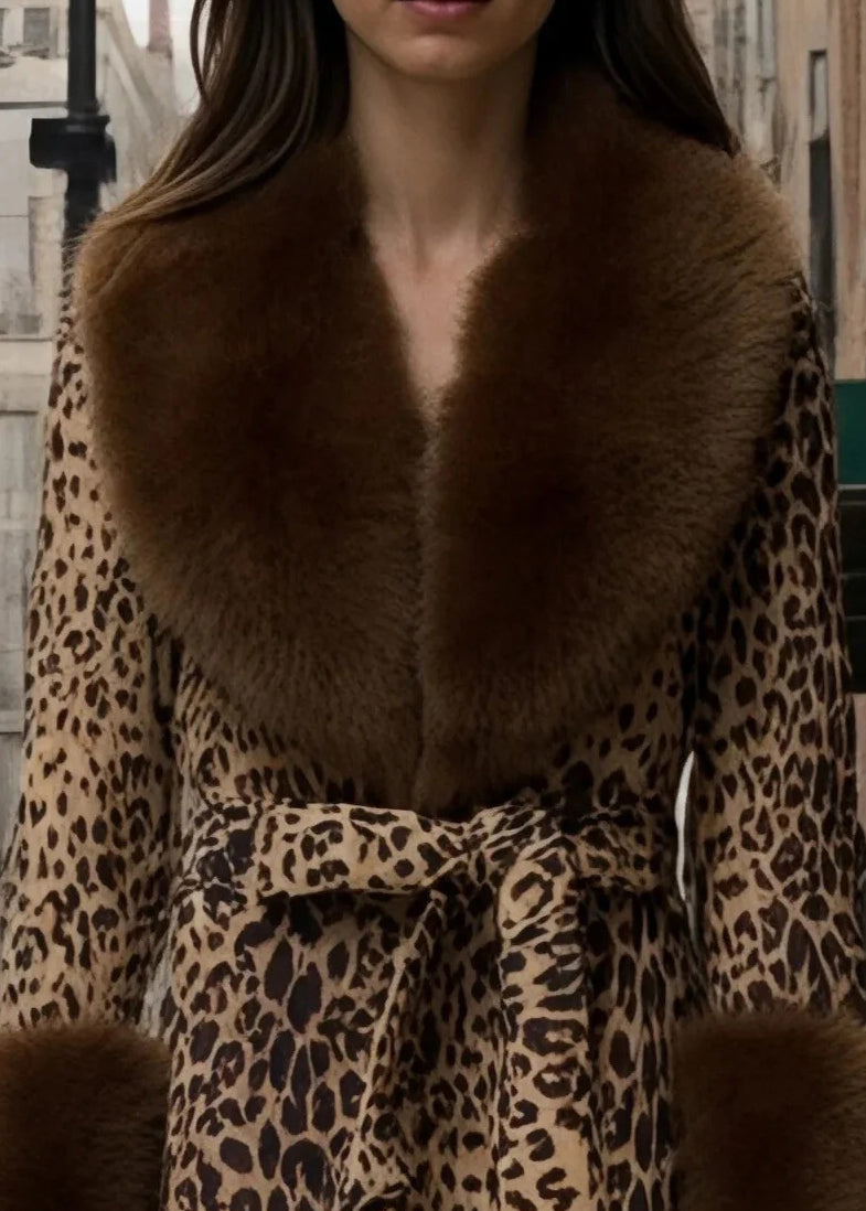 New Leopard Peter Pan Collar Lace Up Fuzzy Fur Fluffy Coat Fall