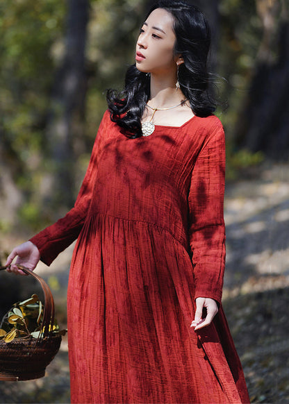 New Wine Red Wrinkled Wear on Both Sides Cotton Dresses Long Sleeve