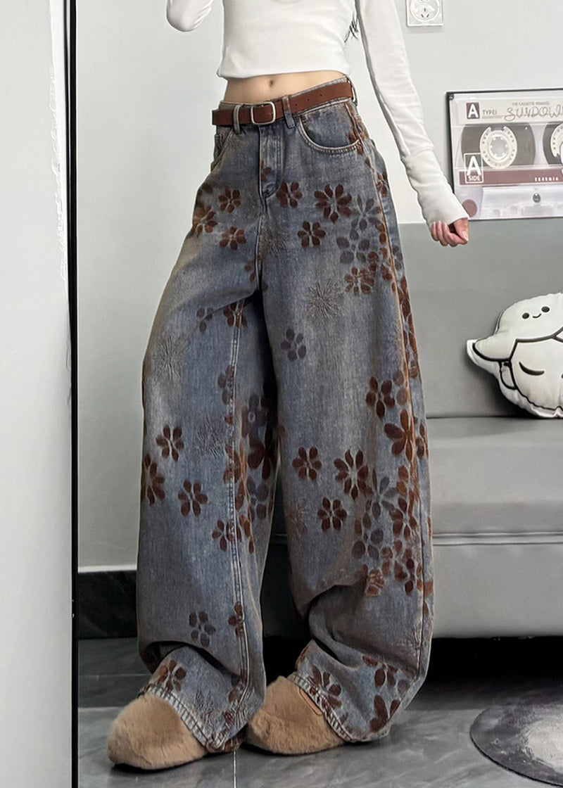Navy Oversized Print Denim Pants Spring