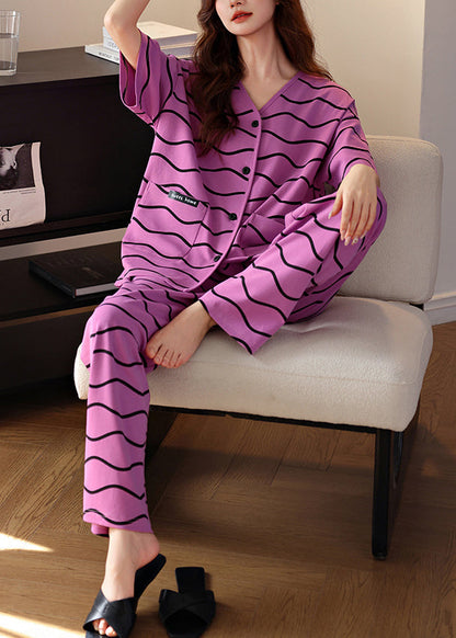 Purple V Neck Striped Pockets Cotton Pajamas Two Pieces Set Summer