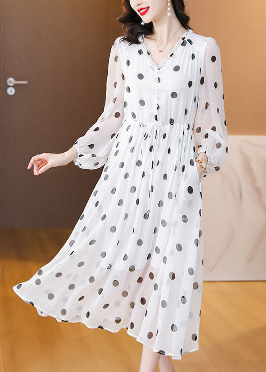 White V Neck Print Drawstring Chiffon Dress Lantern Sleeve