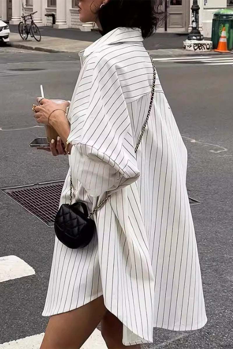 Striped Print Pocket Turndown Collar Tops