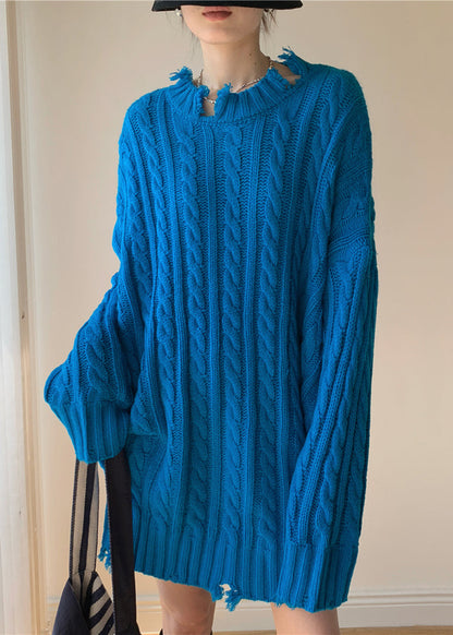 Loose Blue Hole Cable Knit Sweaters Winter