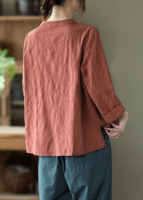 Boutique Brick Red O-neck Asymmetrical Low High Design Button Shirt Long Sleeve