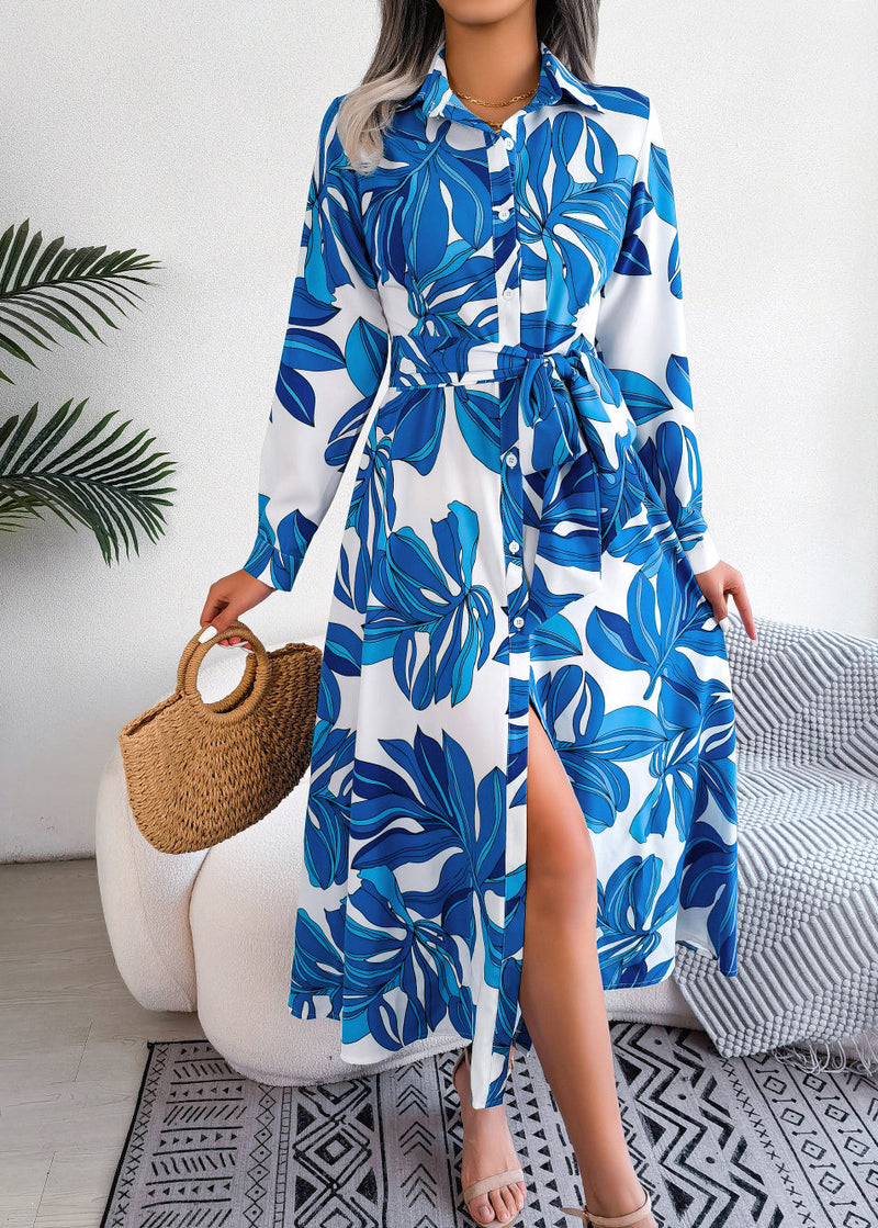 New Rose Peter Pan Collar Print Lace Up Chiffon Shirts Dress Spring