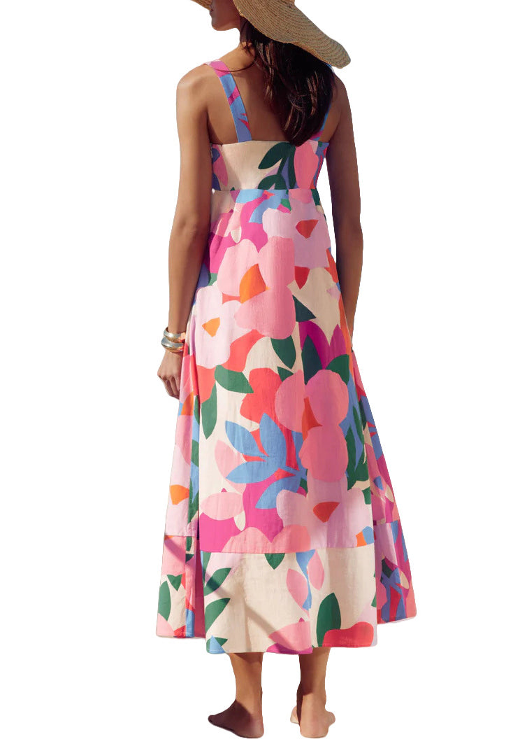 Print Exra Large Hem Cotton Spaghetti Strap Dress Summer