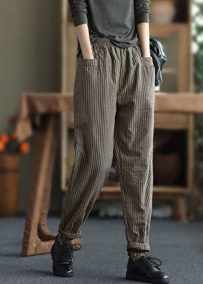 Chocolate Elastic Waist Striped Pockets Fine Cotton Filled Pants Winter