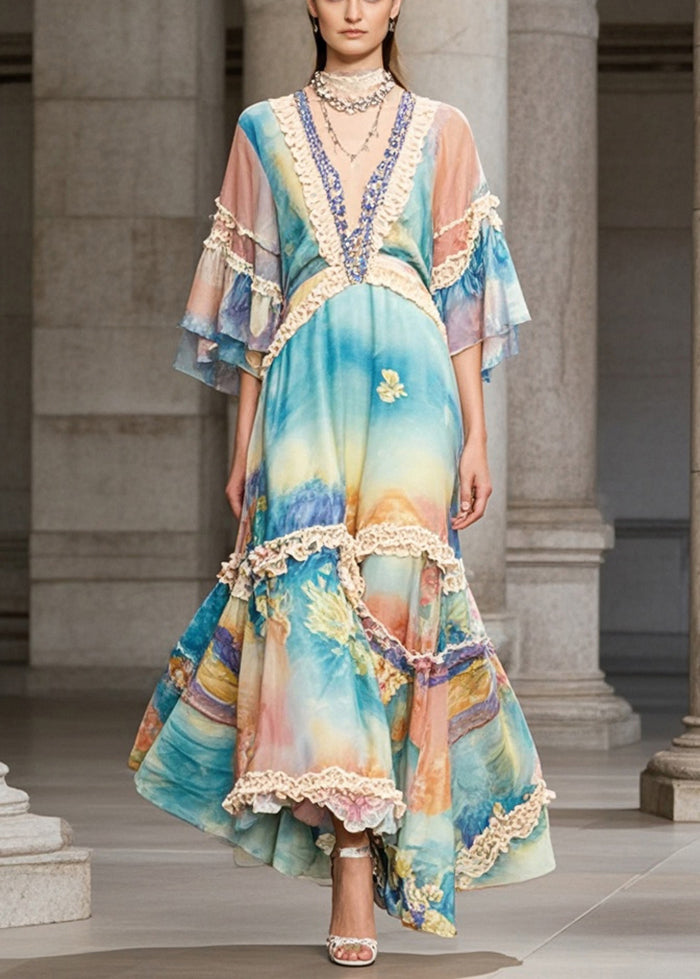 Rainbow Ruffled Patchwork Chiffon Maxi Dress Summer