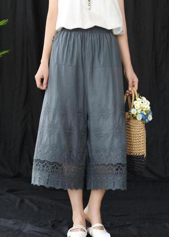 Grey Embroidered Elastic Waist Cotton Crop Pants Summer