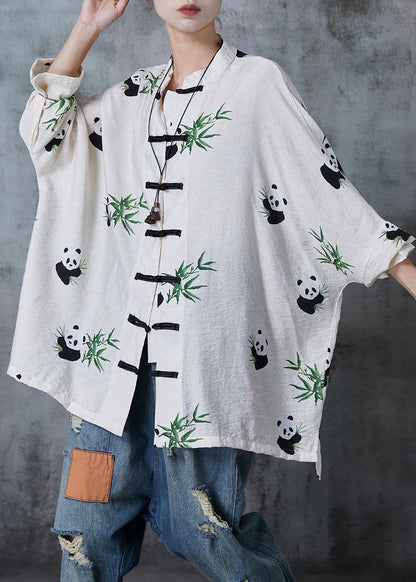 White Oversized Print Cotton Blouse Top Fall