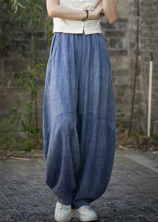 Blue Pockets High Waist Linen Summer Pants
