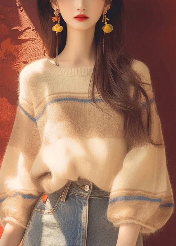 Apricot O Neck Cozy Patchwork Knit Sweater Winter
