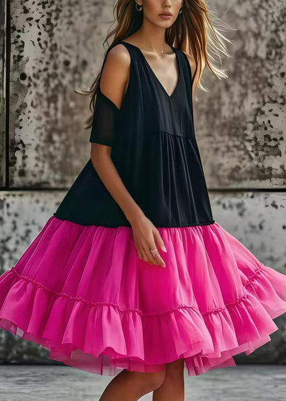 Black Cold Shoulder Tulle Patchwork Cotton Tea Dress Summer
