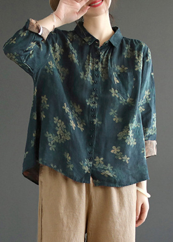 Dark Blue Peter Pan Collar Print Linen Shirt Long Sleeve