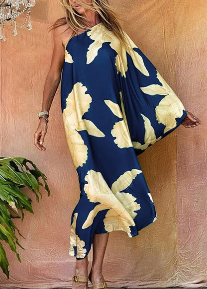 Blue Asymmetrical One Shoulder Print Cotton Dresses Long Sleeve