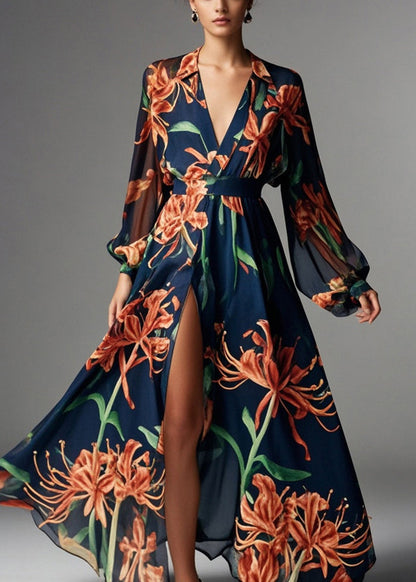 Navy V Neck Print Chiffon Beach Dresses Fall