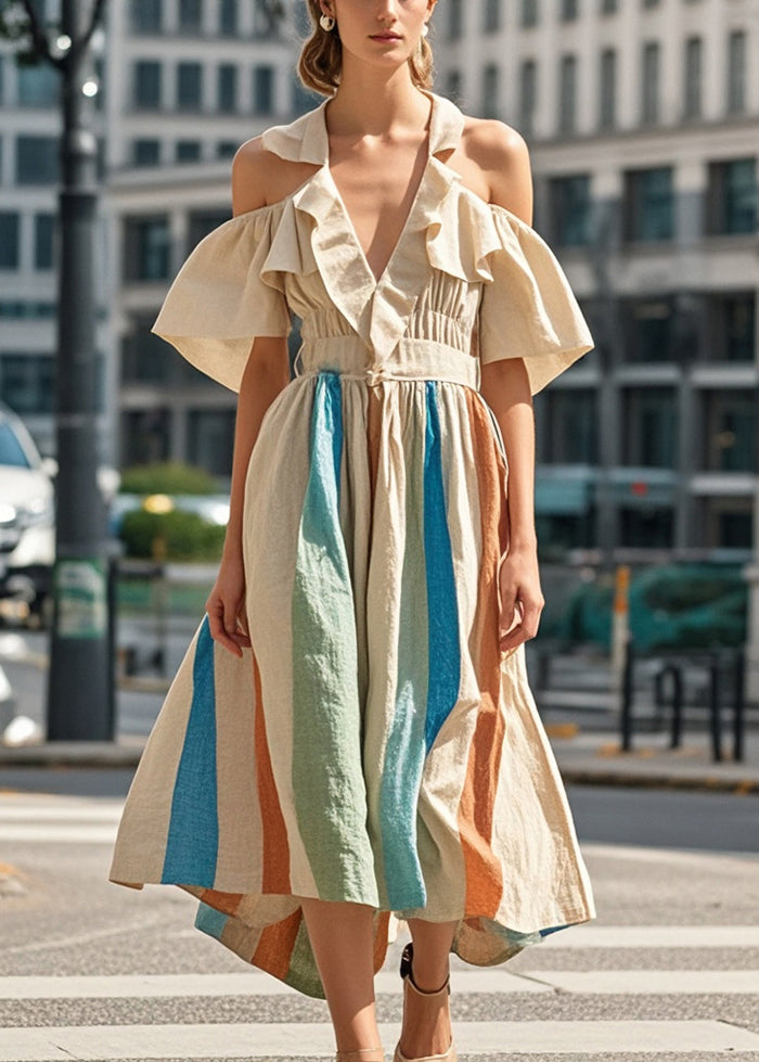 Khaki Cold Shoulder Striped Cotton Maxi Dresses Summer