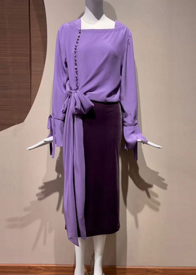 Purple Asymmetrical Tie Waist Shirt Fall