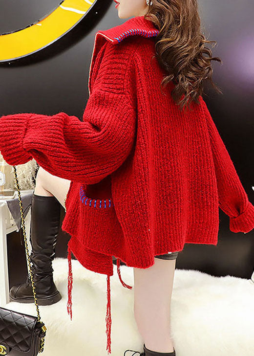 Simple Red Asymmetrical Knit Winter Sweaters Coat
