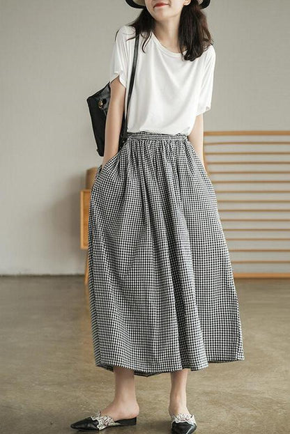Cotton Plaid Pocket Straight Wide Leg Pants