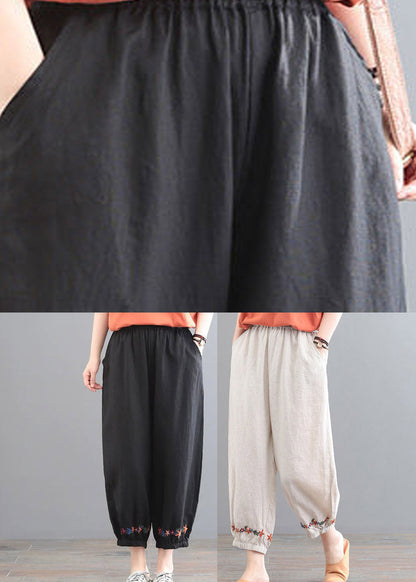 Black Embroidered Elastic Waist Harem Pants Summer