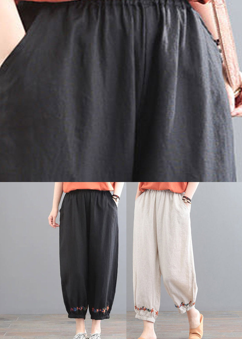 Black Embroidered Elastic Waist Harem Pants Summer