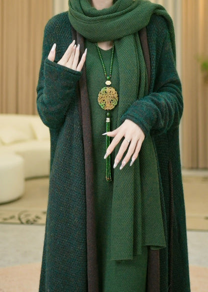 Green V Neck Cozy Warm Cotton Knit Long Cardigans Winter