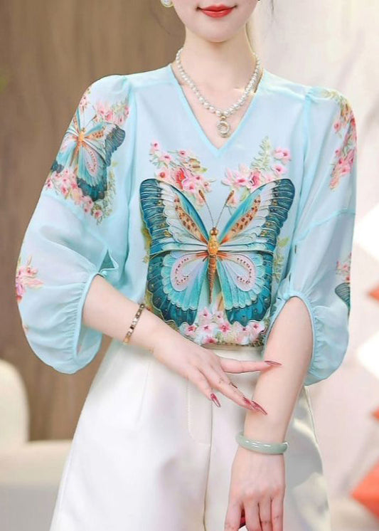 Blue O-neck Butterfly Print Chiffon Shirts Fall