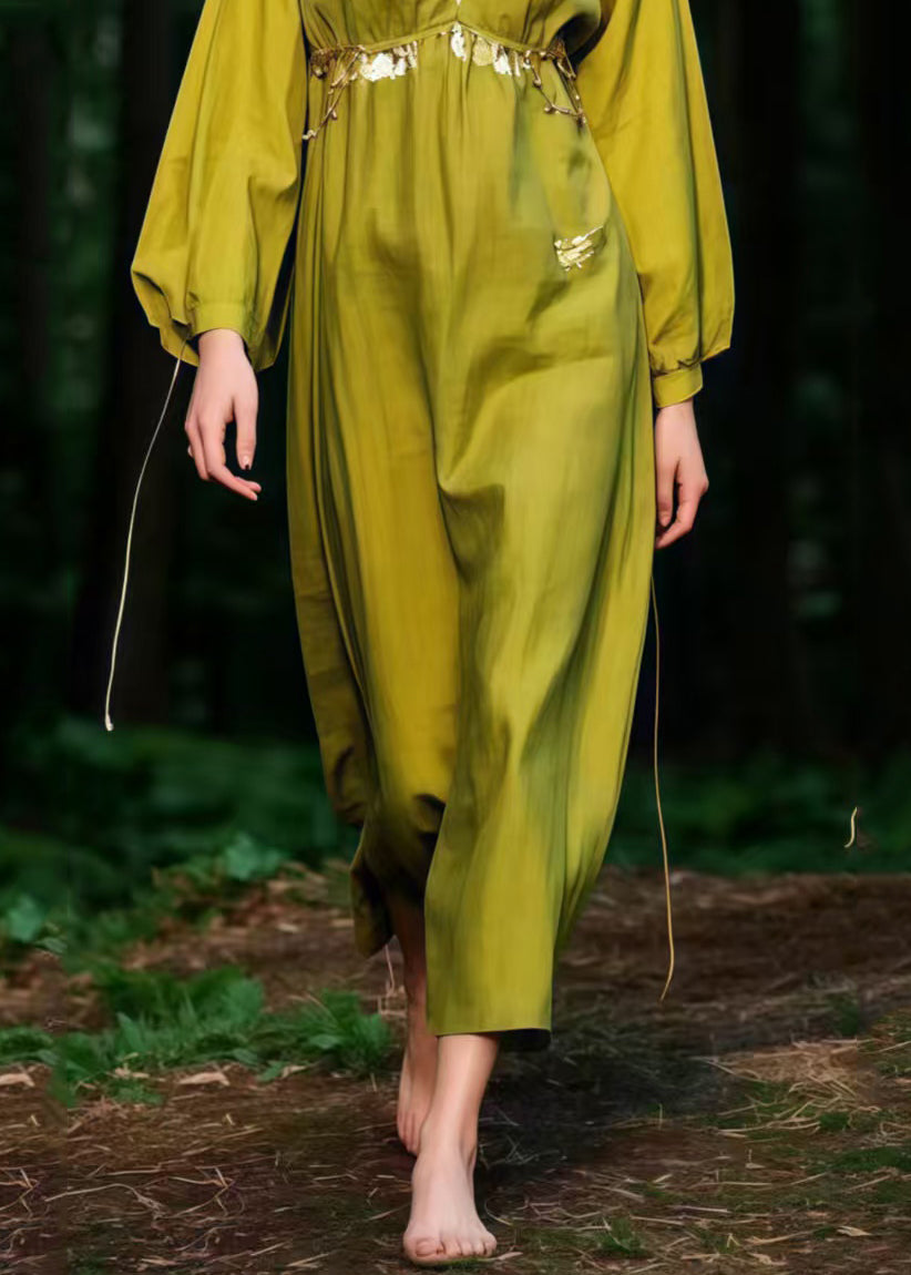 Grass Green V Neck Cotton Ankle Dress Spring